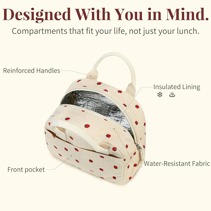 Insulated Yellow Floral Lunch Bag for Women, Stylish Corduroy Tote with Aluminum Lining, Large Capacity Reusable Cooler for Work, Travel, Beach or Picnic, Floral Water-Resistant Lunch Box