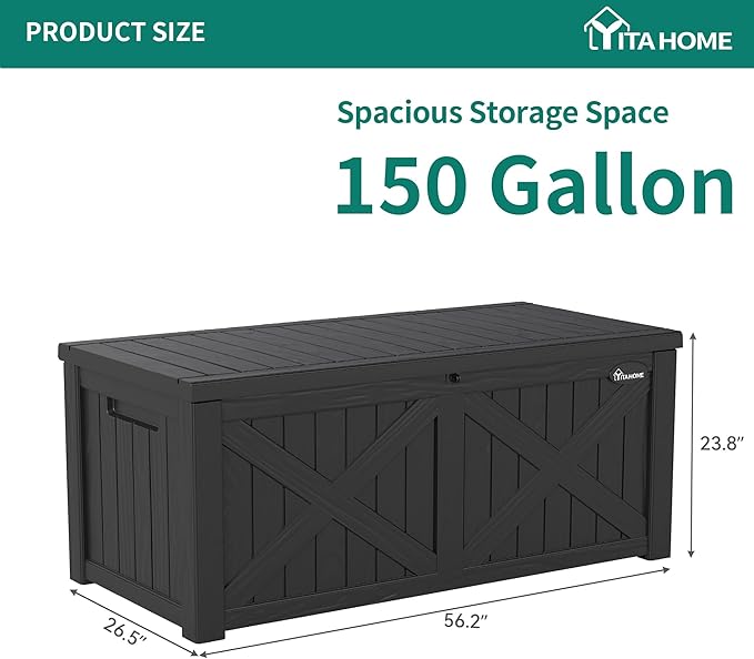 YITAHOME 150 Gallon Large Outdoor Storage Box with X-Shaped Front, Waterproof Resin Deck Box Cushion Storage Bench for Patio, Pool Supplies, Garden Tools - Lockable, Black
