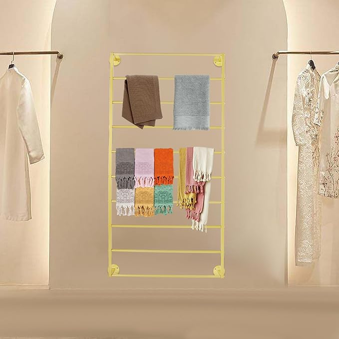 10 Tiers Tie & Scarf Rack, Wall Mounted Scarf Rack, Wall Display Rack, Multifunctional Metal Rack, Towels Storage Rack, Ribbon Holder Wall Display Rack for Accessory Stores Flower Shops (Gold)