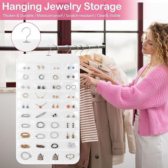 Hanging Jewelry Organizer for Closet with Swiveling Hanger, 17 x 30 In, 80 Clear Pockets Jewelry Organizer Hanging for Jewelries, Earrings, Accessories (Beige) (2, White)