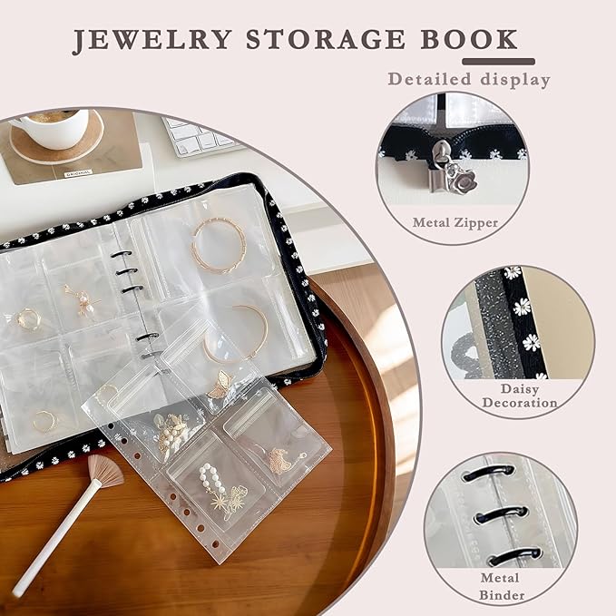 Jewelry Organizer Travel,Jewelry Storage Book with 40 Large PVC pouches,Portable Jewelry Organizer Zipper Bags for Necklaces Bracelet Rings and Earrings (front cover removable),Black