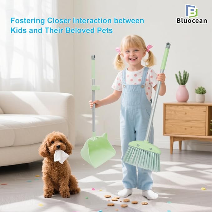 28'' Kids Mini Broom and Dustpan Set - Toddler Cleaning Toy, Toddler Household Helper, Parent-Child Interactive Play Cleaning Tool, Cute Cartoon Design, Small Safe Corner Broom (Green Sprout)