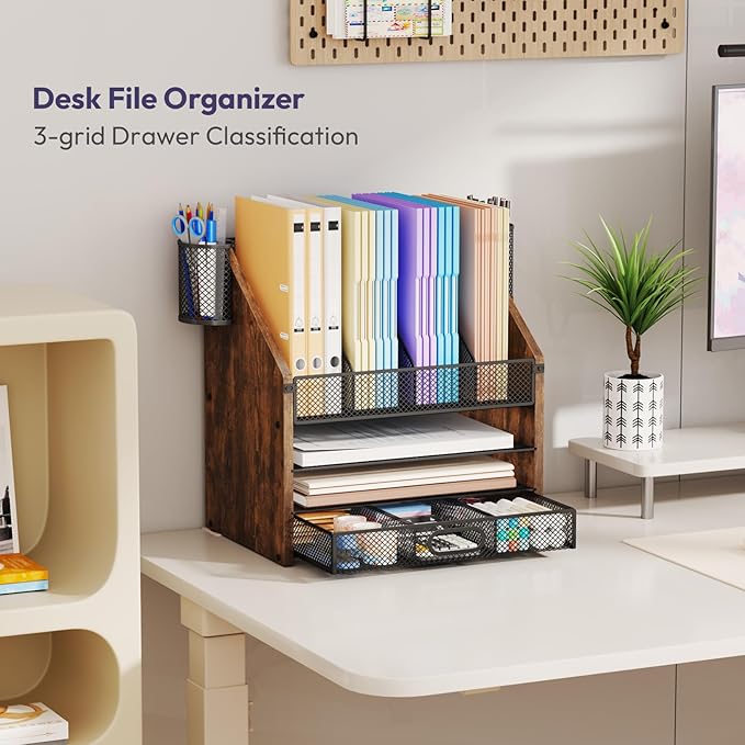SWTYMIKI Desk Organizer with Drawers - Mesh and Wood Desk File Organizer with Pen Holders, 4-Tier Paper Organizer for Office Organizer and Accessorie, School and Home Storage, Espresso