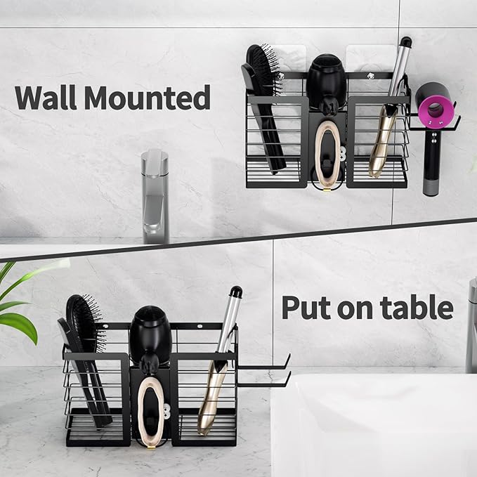 FUNKYLEE Hair Tool Organizer Hair Dryer Holder, 3 in 1 Metal Bathroom Blow Dryer Organizer Wall Mount for Flat Iron, Curling Iron, Straightener, Styling Tools Storage and Organizer (Black)-2pcs