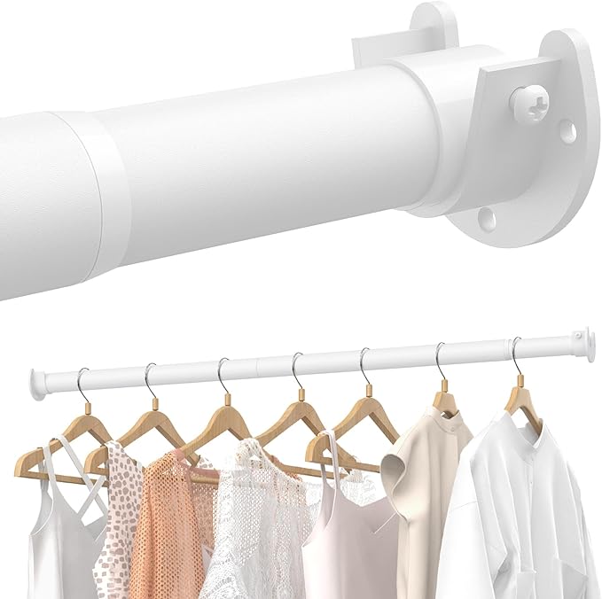 Closet Rods for Hanging Clothes, 17 to 99 Inches Stepless Adjustable Metal Closet Rod, 1.3 Inches Heavy Duty Clothes Hanging Rod for Closet Wardrobes Laundry RV, White