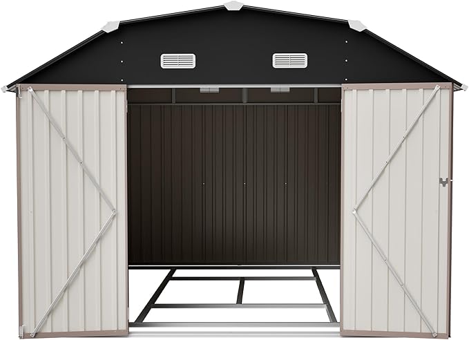 10×12 FT Outdoor Storage Shed,Heavy-Duty Metal Shed with Floor Base,All Weather Waterproof Tool Shed W/Diamond Roof & Windows,Lockable Double Door & 4 Air Vents,for Backyard,Patio,Lawn,Brown