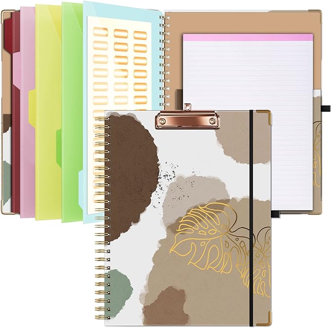 Ospelelf Clipboard with Storage 8.5 X 11，Padfolio Organizer, Spiral Portfolio Letter Size with Notepad, Pen Holder, 5 Extra Folder Divider Pages, Elastic Closure Nurse Essentials(Earthy Abstract)