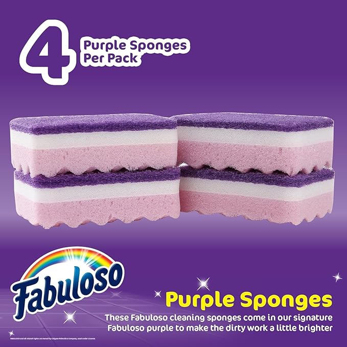 Fabuloso Sponges, Purple - Scratch-Free Scrubber for Dishes and Surfaces - Dishwashing Sponge for Bold and Bright Cleaning Experience, 4 Count - 2 Pack