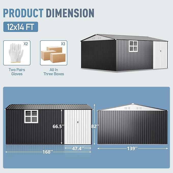 14x12 FT Outdoor Metal Storage Shed with Window, Heavy-Duty Galvanized Steel Tool Shed with Lockable Doors, Waterproof Garden Shed for Backyard, Patio, Lawn, Black