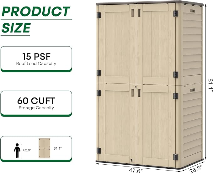 Vertical Outdoor Storage Shed, 60 Cu.Ft Resin Storage Cabinet Waterproof with Lockable Floor, All-Weather Tall Backyard Shed for Patio Furniture, Garage, Garden, Porch (Khaki)