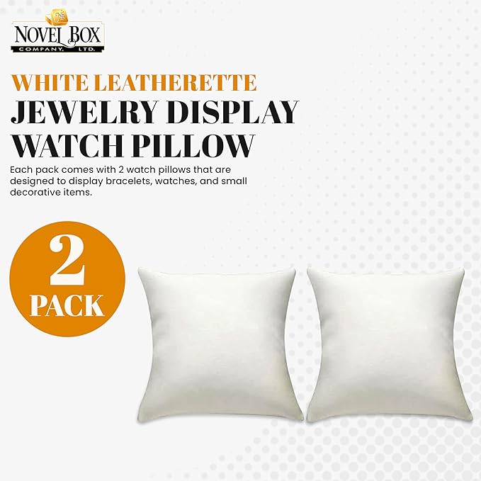 Novel Box 2 Pack White Leatherette Jewelry Display Watch Pillow 3x3 Inches - Bracelet Pillows for Easy Care & Soft Protection - Watch Cushion for Birthday, Valentine’s Day & Wedding Gift Displays