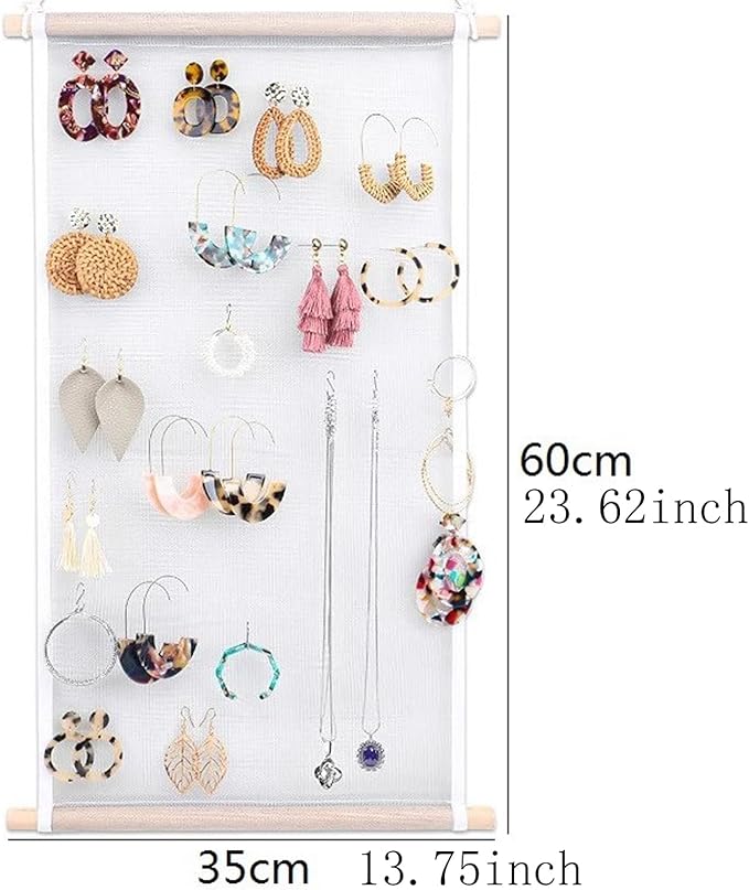 Earring Organizer Wall Mount - Hanging Jewelry Display Holder for Studs, Dangle Earrings & Necklaces, Large Capacity Mesh Cloth Rack - Storage，Display Organizer for Women and Girls (white)