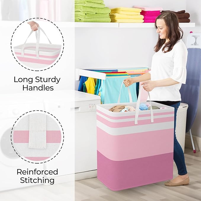 StorageRight Large Collapsible Laundry Basket Hamper with Easy Carry Handles，Freestanding Clothes Hampers for Laundry, Bedroom, Dorm, Towels, Toys, 125L, Pink