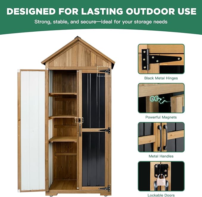 Outdoor Storage Cabinet, Wood & Metal Storage Shed with Weather-Resistant Roof, Adjustable Shelf, Lockable Doors & Adjustable Feet, for Garden, Patio, Backyard, 27.5" x 13" x 67"