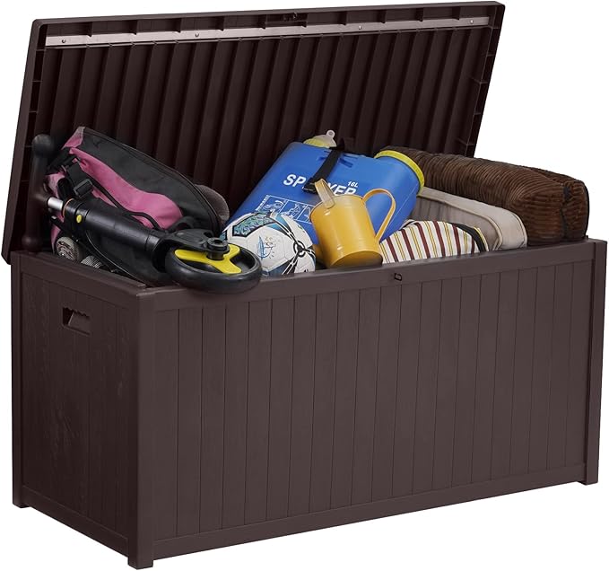 EHHLY 120 Gallon Outdoor Storage Box Large, Lockable Outside Containers Waterproof Patio Cushions Storage Deck Boxes, Plastic Garden Hose Boxes Resin Pool Storage Bins, Brown