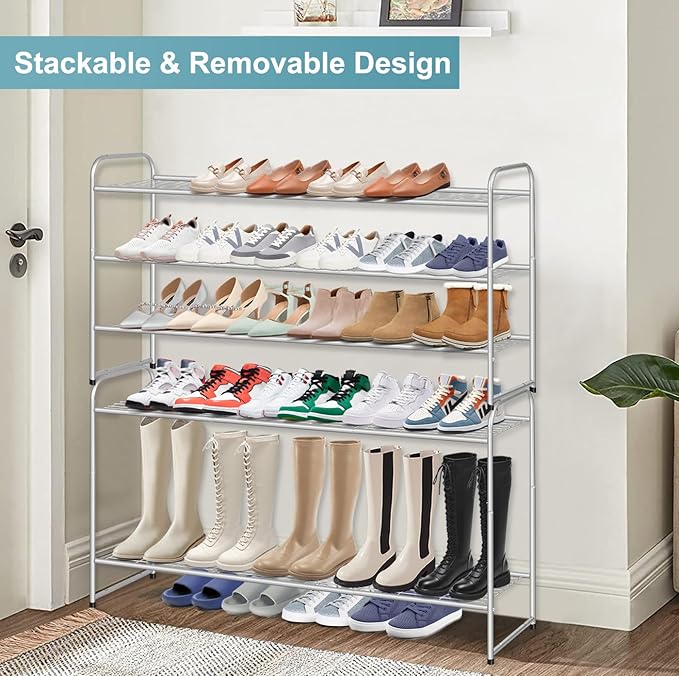 AOODA 3-Tier Long Shoe Rack for Closet Metal Wide Shoe Storage Organizer for Entryway, Bedroom, Floor, Holds 24 Pairs Men Sneakers Stackable Boot Shelf with Wire Grid, Grey