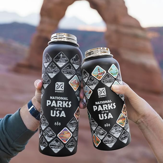 National Parks Water Bottle – 40 oz Insulated Stainless Steel Bottle with 63 Hand-Drawn Park Stickers, Carrier Bag, Strap & Gift Box – BPA-Free – Ideal for Hiking, Camping & Travel