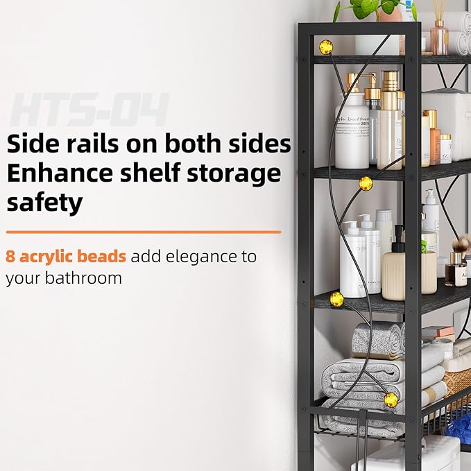 Over-The-Toilet Storage Rack, 4-Tier Bathroom Organizer Shelf Over Toilet with Adjustable Shelf and Basket, Freestanding Space Saver Bathroom Shelves Above Toilet for Room (Pure Black)