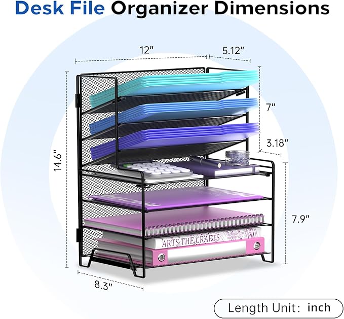 7 Tier Desk File Organizer, Letter Tray Paper Organizer, Metal Desktop Organizers and Accessories for Study and Workspace, for Home Office, Black