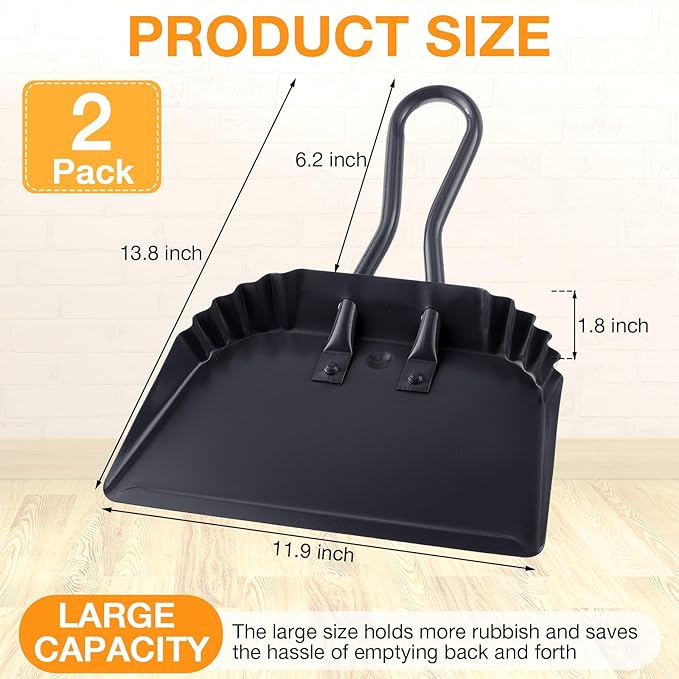 Mumufy 2 Pcs 12 Inch Heavy Duty Metal Dustpan, Stainless Steel Large Wide Dust Pans for Household, Handheld Scooper, Debris Cleaning Tool for Home Garage Studio Courtyard Indoor Outdoor(Black)