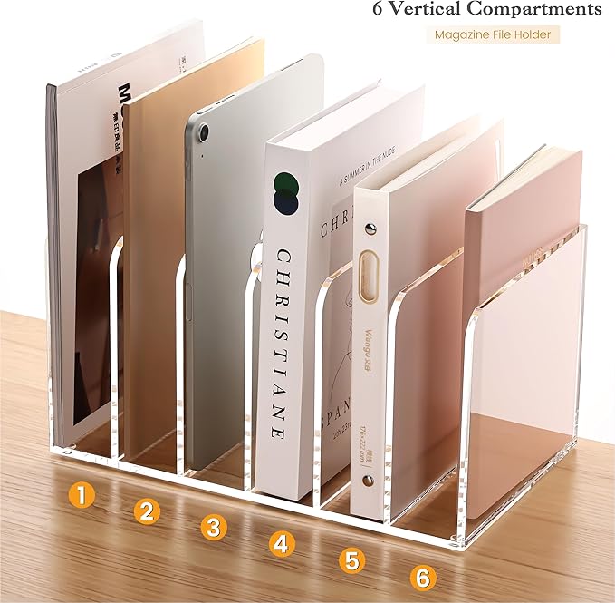 YUXUN Acrylic Magazine Holder,Clear Desk Organizer File Sorter for Notebook,Paper,Envelope,Magazine, Book Storage-Office/Home/Classroom Organization(6 Compartments,B5)
