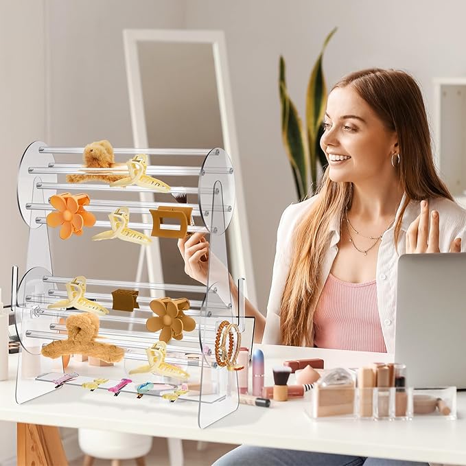 Acrylic Claw Clip Holder 360 Degree Rotating Claw Clip Organizer Hair Accessories Organizer Storage Display Clear Stand for Women Vanity Dressing Table(Round Style)