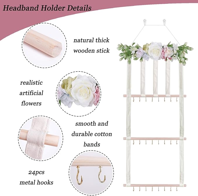 Headband Holder Bow Organizer for Girls, Hair Clips Bows Holder Baby Headbands Storage Personalized Hair Accessories Storage Organizer Wall Hanging Decor for Nursery Room Closet