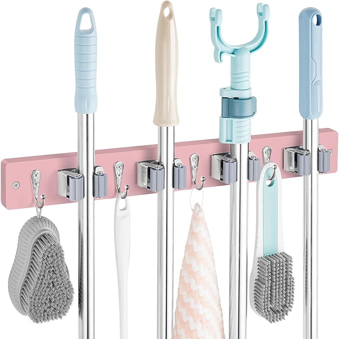 Pink Mop Broom Holder Wall Mount with 4 Slots & 4 Hooks - Wood Broom Mop Hanger for Pantry Closet Laundry Room Kitchen Organization - for Pink Kitchen Decor and Accessories