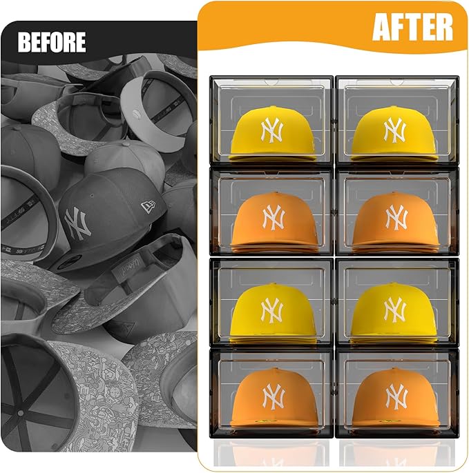 Hat Organizer Box, Stackable Clear Baseball Caps Holder Box Containers with Magnetic Door for Hats Snapback Cap Storag, Hat Rack Display Case, Holds 8 Hats Each (Black, 6 Pack)