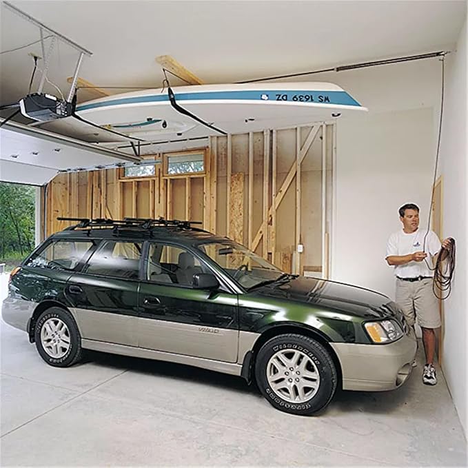 HARKEN Hoister - Overhead Garage Storage 2 Point Hoist System for Bikes, Kayaks, Surf & Paddle Boards (60lb Capacity, 10ft Ceiling) Safe Anti-Drop System, One-Person Operation - 7807