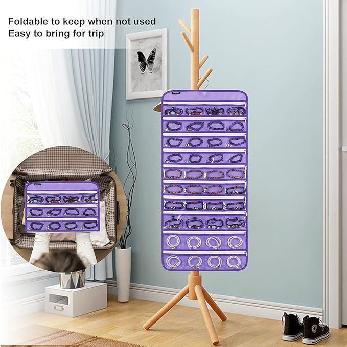 Dualsided Hanging Jewelry Organizer with 40 Zippered Pockets and 20 Hook Loops Necklace Holder Jewelries Organizer for Earrings Bracelets Rings with 360 Degree Rotating Hanger (40 Zippered