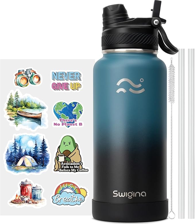 [2-IN-1 LID] Insulated Water Bottle with Silicone Boot (36hrs Cold/18hrs Hot) - DIY Stickers, Leakproof, BPA Free, 32 oz