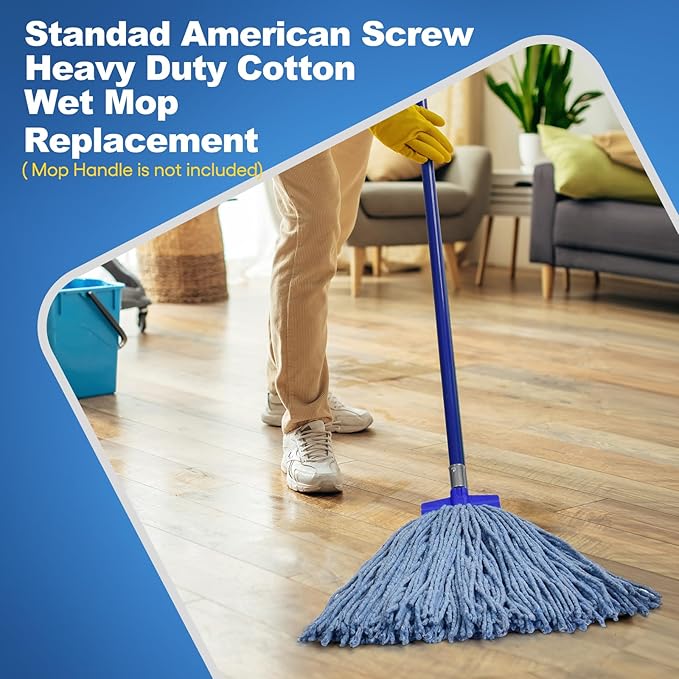 Matthew Cleaning Screw-on Heavy Duty Cotton Wet Mop Replacement Heads(Blue, Large,3Pack) with 2 Pack Microfiber Cloth for Residential & Commercial Floor Cleaning Use- Fit Standard American Screw