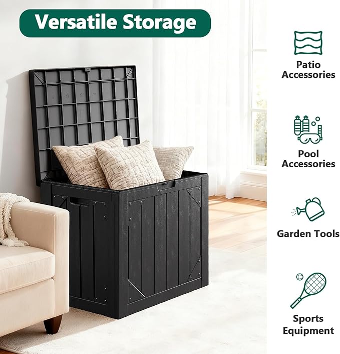30 Gallon Deck Box Outdoor Storage Bench Outside Waterproof Resin Storage Bench, Lockable Patio Cushions,Garden Tools Storage For Furniture,UV Resistant (Plastic Black) (Plastic Black, 30 Gallon)