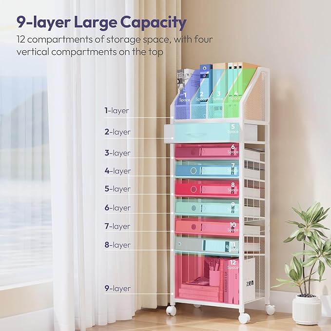 SWTYMIKI 9-Tier Rolling File Cart - Paper Organizer with Drawer and Trays, Wood Desk Office Organizer, Office Organization and Binder Storage for Workspace, Home, School, White