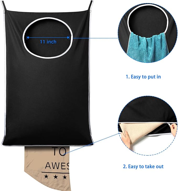 XL Hanging Laundry Hamper Bags, Door Laundry Hamper with 2 Types of Hooks for Dirty Clothes, Save Bathroom Space Size:36.5x 22 Inch Hanging Laundry Storage Bag (Black)