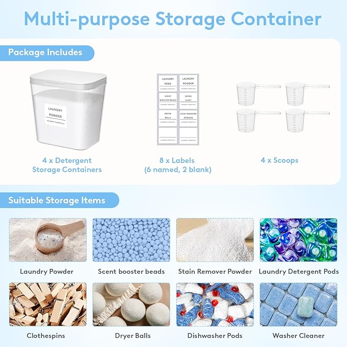 Lifewit 4 Pcs Laundry Pods Container with Pop-up Lid, Detergent Dispenser, Dryer Sheet Holder, Laundry Room Organization Storage Jars for Washing Powder, Soap, Scent Booster Beads, 2700 ml/0.72gal