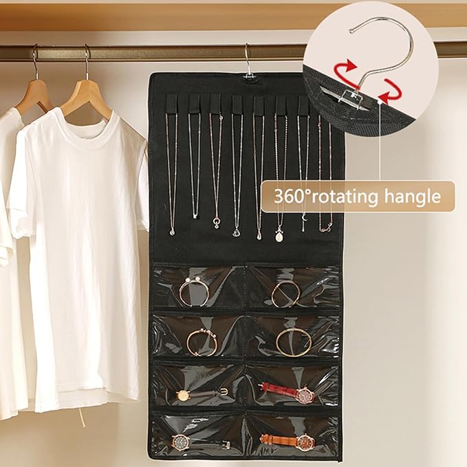 Double-Sided Hanging Jewelry Organizer with 48 Pockets and 8 Hooks – Versatile Accessories Holder for Earrings, Necklaces, Rings, Glasses – Wall, Door, or Closet Mounted Jewelry Hanger.