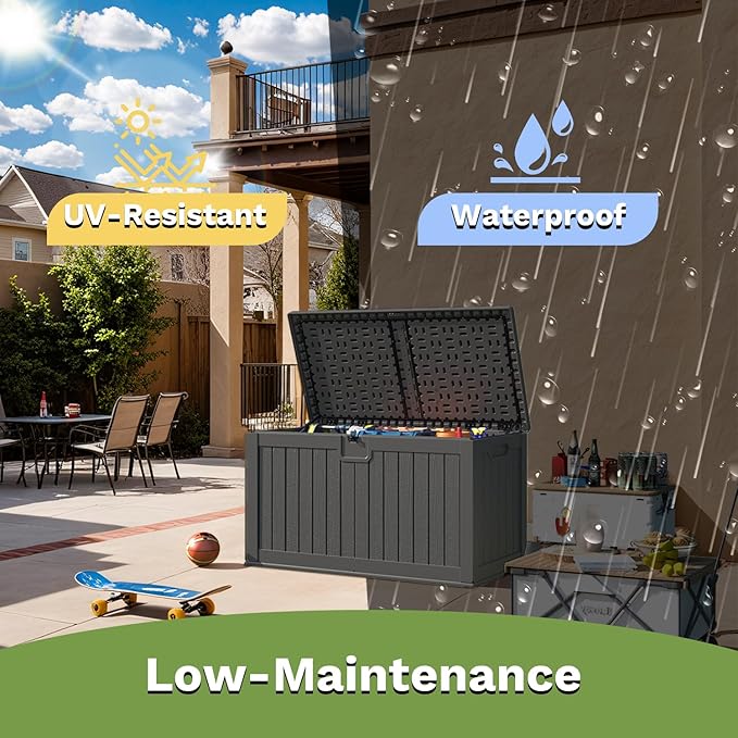 Patiowell 230 Gallon Large Outdoor Storage Box, Waterproof Deck Box with Fixed Divider, Lockable and Durable Patio Storage Solution for Patio Furniture and Garden Tools, Black