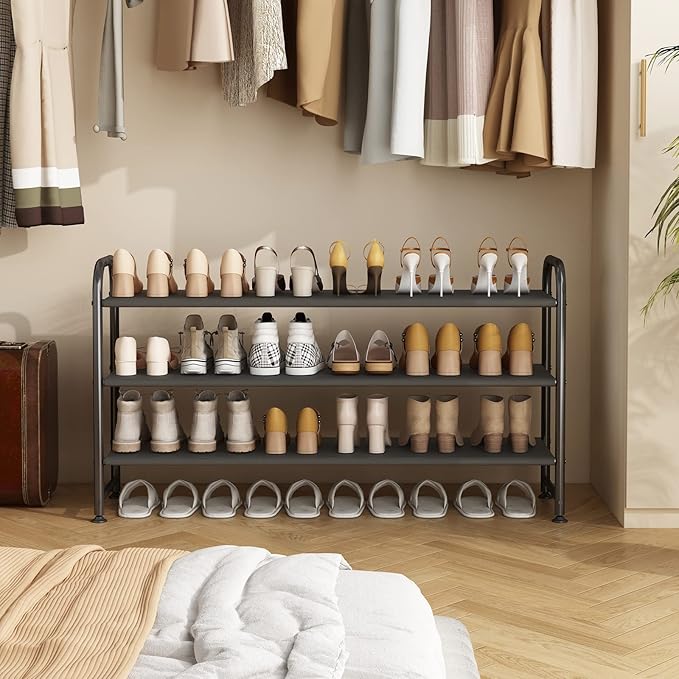 Shoe Rack 3 Tier Long Storage Organizer Wide Metal Shoe Shelf for Closet Entryway Black