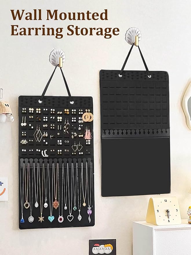 Hanging Jewelry Earrings Necklaces Holder For Women Large Capacity Wall Mounted Earring Bracelet Brooch Sunglasses Organizer (Black Earring Necklaces Holder)
