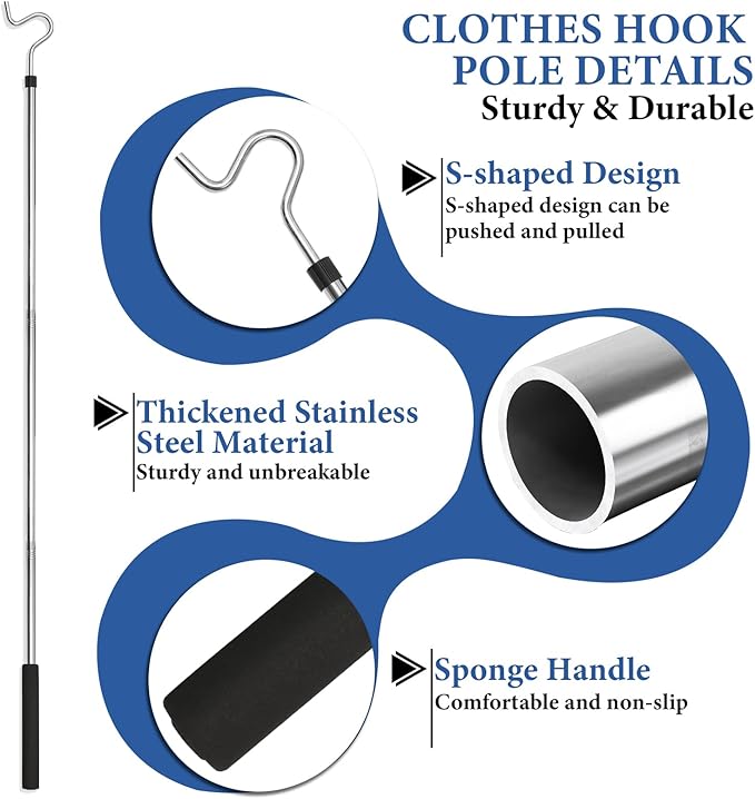 Clothes Hook Pole, Clothes Hanger Reaching Hook for Hanging Clothes Light and Plants Extendable from 35" to 50" Made of Stainless Steel Tube with Sponge Handle (50inch)