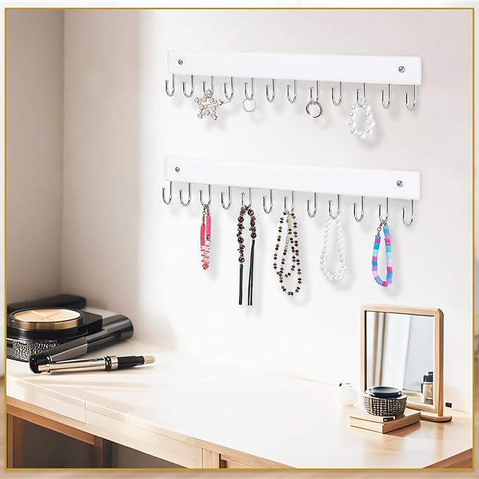 Hanging Jewelry Organizer, 2 Pack Necklace Holder for Wall White Wooden Necklace Organizer Hangers with 24 Hooks Jewelry Display Hangers Wall Mounted for Necklaces, Earrings, Bracelets, Keys
