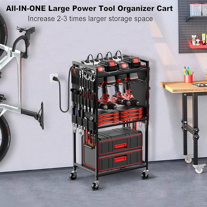 JUNNUJ Large Power Tool Organizer Cart with Charging Station, Garage Floor Standing Rolling Drill and Tools Battery Storage Cart on Wheels, Heavy Duty Rack Shelf with 8 Outlet 10 FT Power Strip, Black