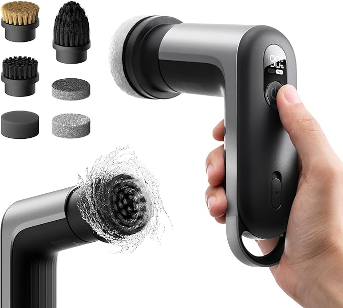 HOTO Grip™ Cordless Electric Spin Scrubber, IPX7 Waterproof, Lightweight at 0.65 lb with 6 Brush Heads, Powerful Cleaning Scrubber, for Bathroom, Kitchen, Tile, Shower