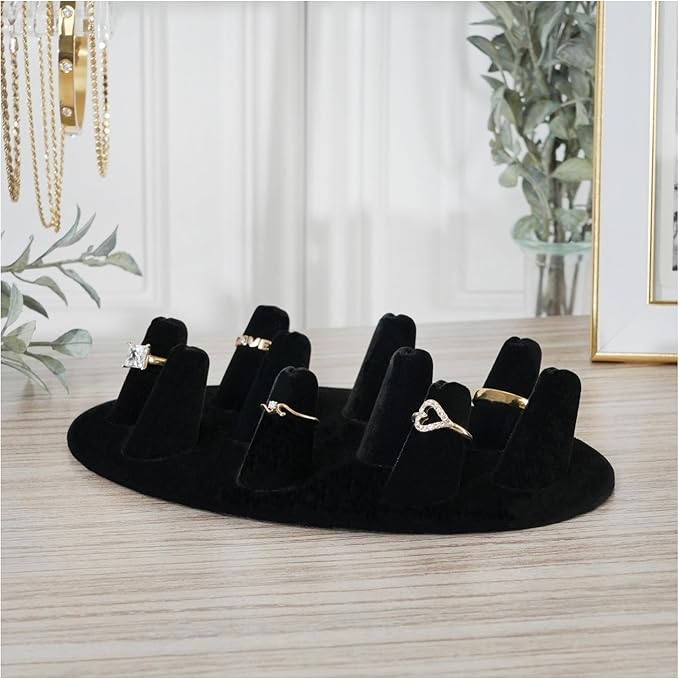 Plymor Black Velvet Ring Finger Display, Ten on Oval Base, 7.5" W x 4.5" D x 1" H (Pack of 12)