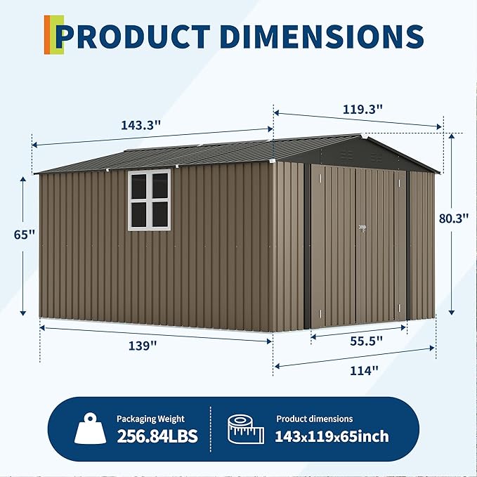 GarveeLife 10 x 12 FT Metal Storage Shed for Outdoor with Floor Frame&Clear Window,Steel Yard Shed with Design of Lockable Doors, Utility and Tool Storage for Garden, Backyard, Patio, Outside, Brown