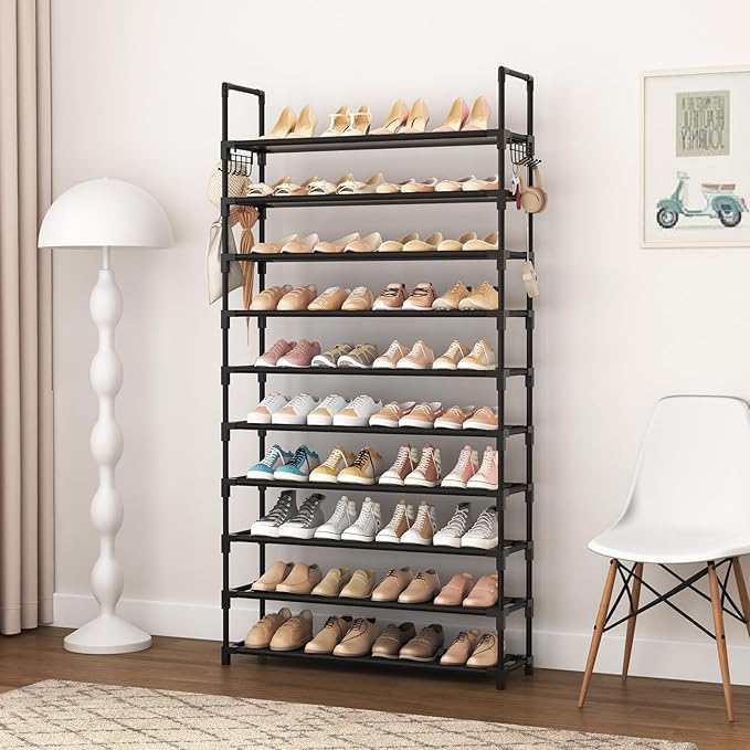 VTRIN 10 Tier Shoe Rack Tall Large Capacity 50 Pair Wide Shoe Organizer with Two Hooks Sturdy Metal Shoe Shelf for Entryway, Closet, Bedroom