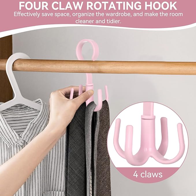 2PCS Rotating Handbag Hanger, 360 Degree Rotating Closet Organizers with 4 Claws, Scarf Tie Rack Hooks for Belts 4 Colors, Multifunctional Closet Handbag Hook Scarf Hanging Rack for Bedroom(Pink)