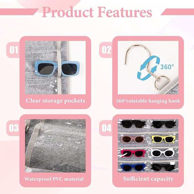 Dual Sided Sunglasses Storage organizer case, Eyeglasses Holder Wall Mounted with 32 Clear Slots & Metal Hook, Dust Proof Sunglasses Storage Case